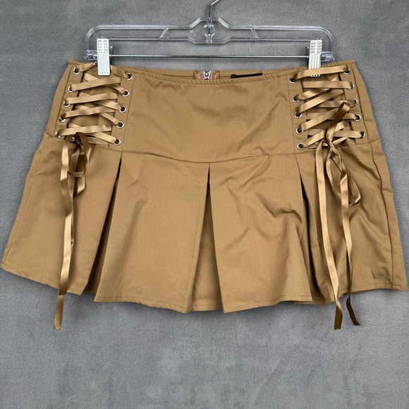 PRETTYLITTLETHING Camel Lace Up Pleated Micro Mini Skirt UK 12 US 8 - Picture 1 of 6